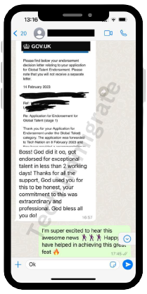 WhatsApp message from a client sharing their Exceptional Talent endorsement