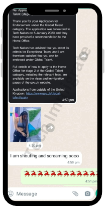 WhatsApp message from a client sharing their endorsement email