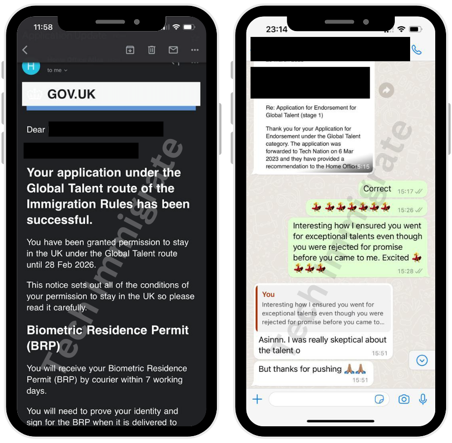 GOV.UK email confirming a client's Global Talent visa was granted, next to their thank-you message