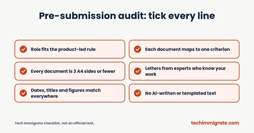 Pre-submission audit: tick every line Pre-submission audit: tick every line (9 Tech Nation Endorsement Mistakes That Get Global Talent Applications Refused (And Fixes))