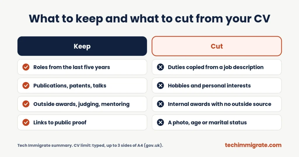 What to keep and what to cut from your CV (Global Talent Visa CV Requirements: 8 Rules for a CV Tech Nation Accepts)
