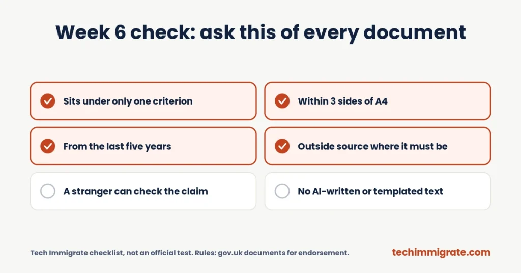 Week 6 check: ask this of every document (Tech Nation Evidence Preparation: A 6-Week Plan to Build Your 10 Documents)