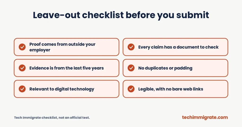 Leave-out checklist before you submit (Tech Nation Application Mistakes: 10 Things to Leave Out (and What to Include Instead))