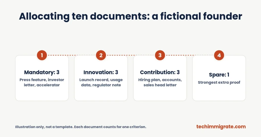 Allocating ten documents: a fictional founder (Global Talent Visa for Startup Founders: Prove Innovation, Impact and Leadership (7 Proofs))