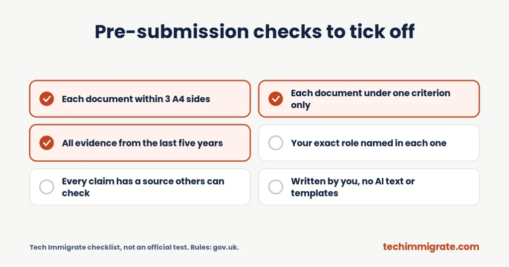 Pre-submission checks to tick off (Global Talent Visa Portfolio Checklist: 12 Evidence Items to Include (and 5 to Skip))